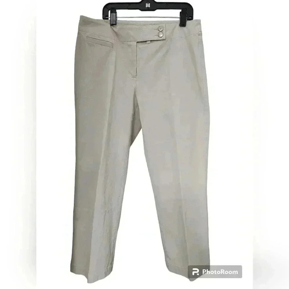Eileen Fisher KHAKI BUTTON-TAB WAIST STRETCH COTTON STRAIGHT CROP PANTS - Picture 1 of 5